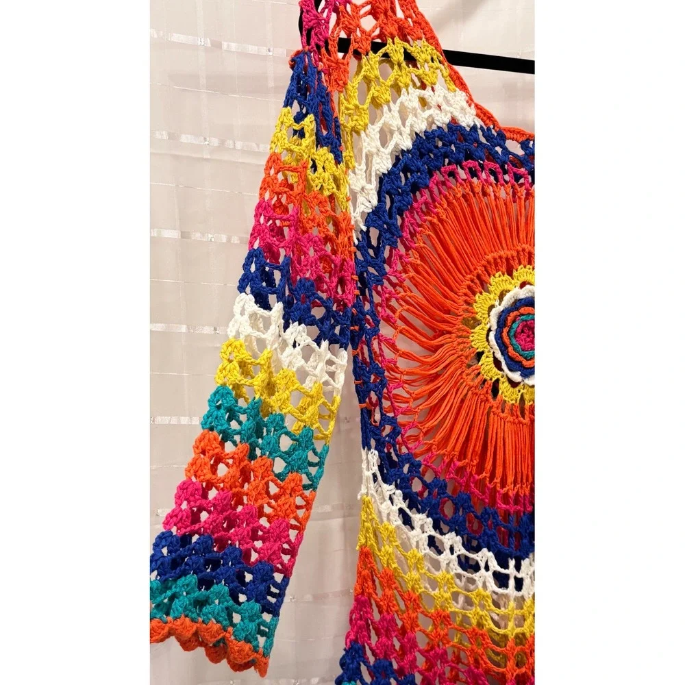 Rainbow Crochet Sunburst Mandala Top Boho Festival Long Sleeve Multi Color